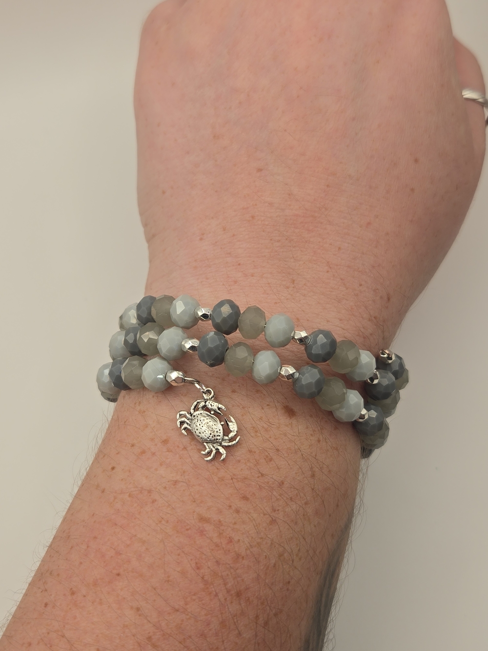 Faceted Gray Multi-Strand Wrap Bracelet with Silver Crab Charm - Picture 3 of 3